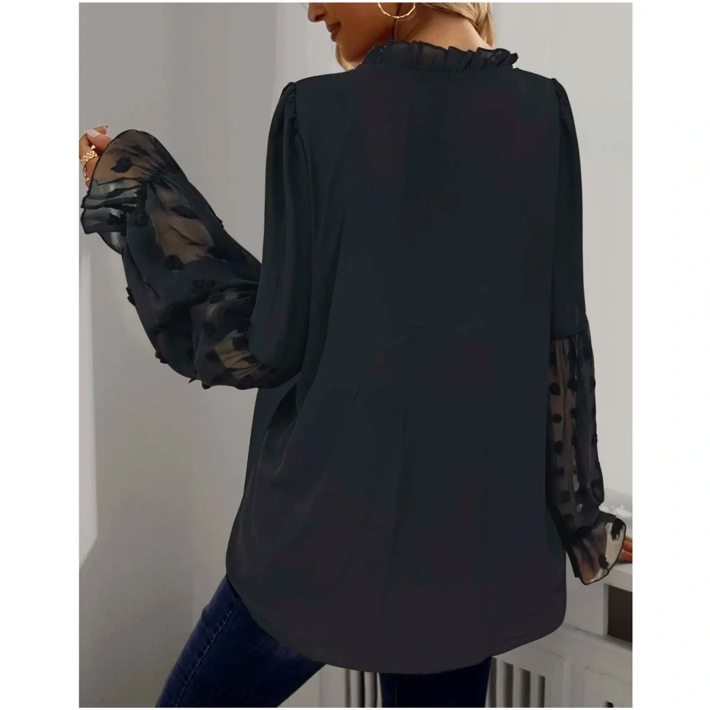 Boho Swiss Dot Sheer Sleeve Ruffle Blouse - Picture 5 of 14